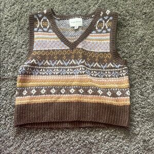 Pink Rose Brown V-Neck Sweater with Blue Accents